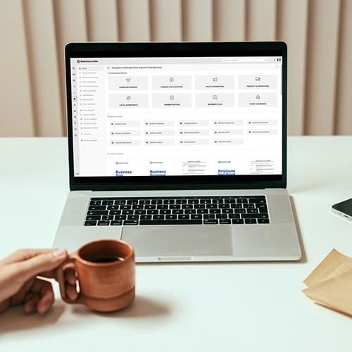 Business in a Box interface showing templates and productivity tools for business management